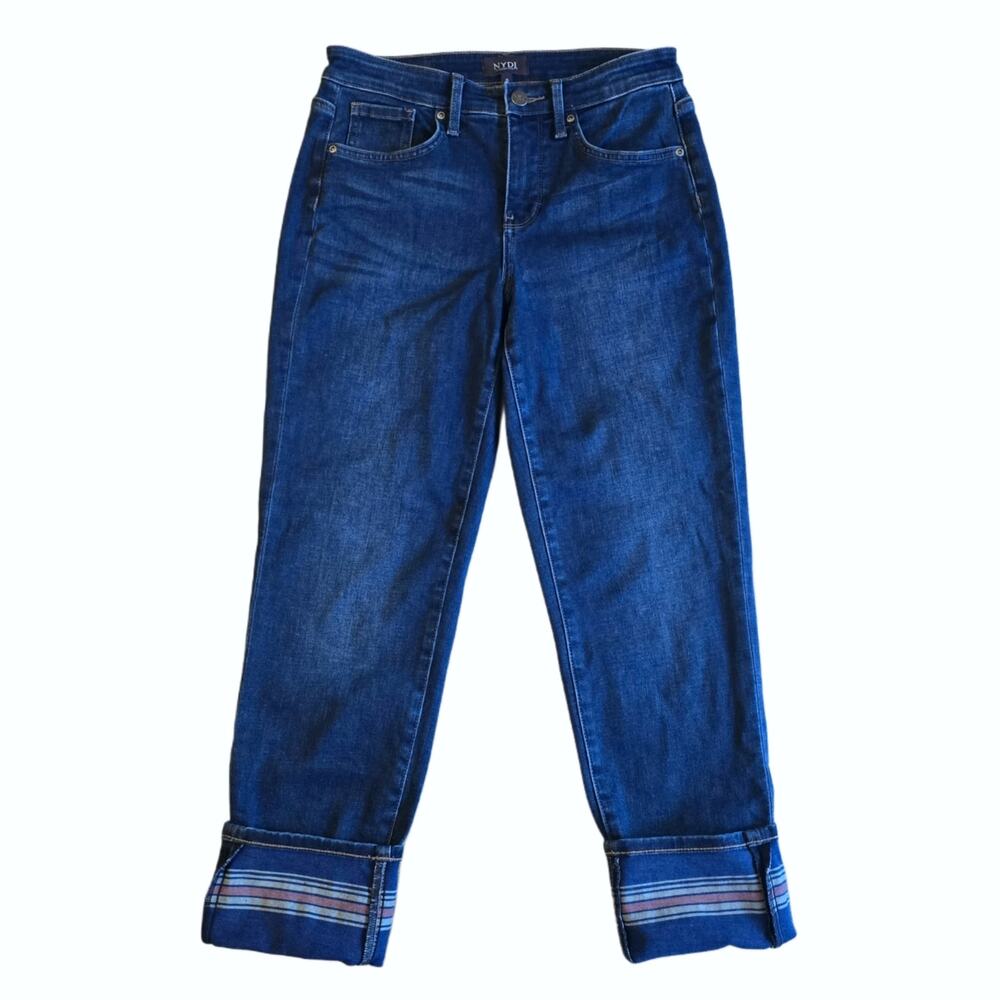 NYDJ Girlfriend Jeans Dark Wash Stretch Denim Size 0 Lift Tuck High Rise Striped